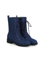 Pair of blue denim boots with laces on a white background, Obroi