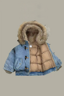 Children's Winter Thick Warm Jackets Boys Denim Hooded Fleece Coats Kids Casual Cotton Padded Fur Collar Outwear