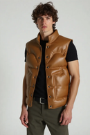 Winter Leather Down Vest Men Casual Genuine Natural Stand Collar Single Breasted Vest