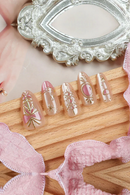 24PCS Nails Gentle Star Moon Bow Design Almond Press on Nails with Glossy Gilt Nail Art