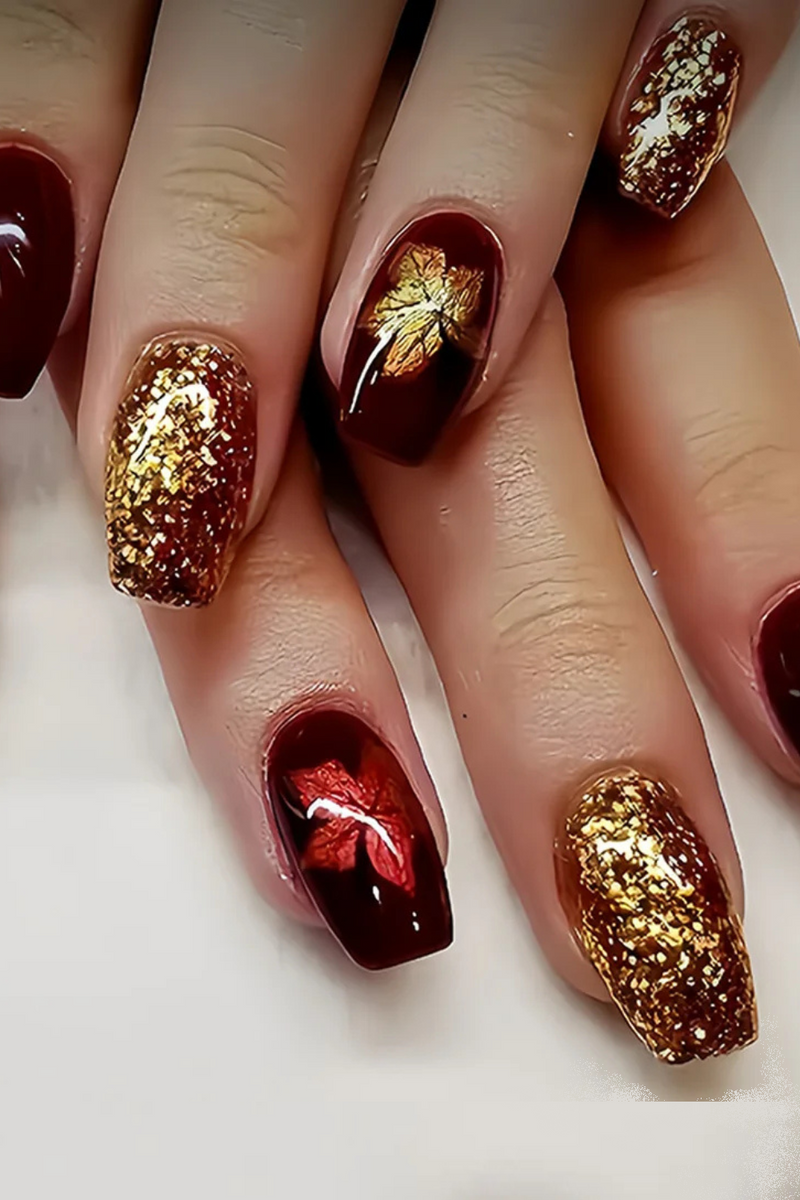 Autumn Winter Short Square Ballet Nails tips Red Black Gold Purple Floral Geometric Pattern Press-On False Nails art set