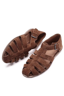 Pair of brown sandals with woven straps on a white background, Obroi