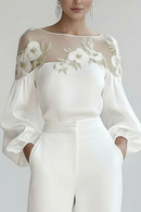 Women's Sheer Floral Embroidered Shirt Top Spring Puff Sleeves Loose Fit Blouse Female Elegant T-shirt