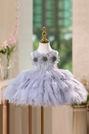 Gray tulle dress on a mannequin with a blurred indoor background, Obroi