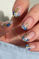 Blue Nails Art with Flower Leaves Design Tips Mid-length Square Fake Nail Simple Detachable Ballet Press on Nails