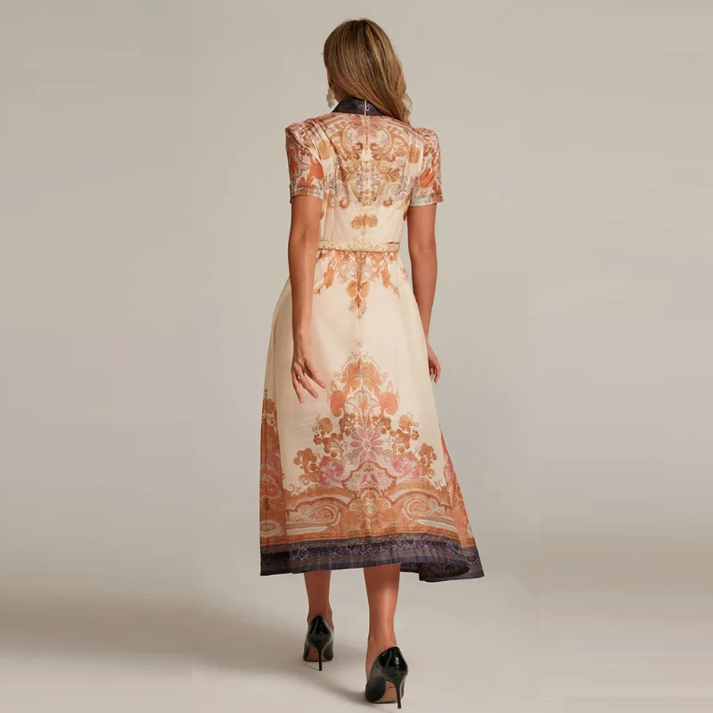 Retro Court Paisley Dress Women Short Sleeve Floral Long Dress Elegant Classy