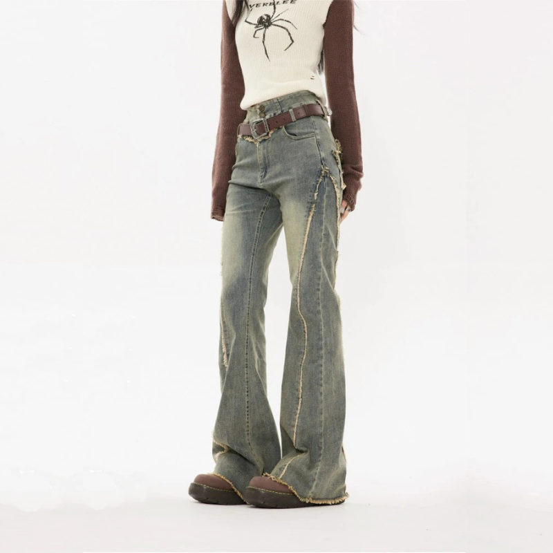 Women Blue Flare Jeans Aesthetic Baggy Denim Trousers Jean Pants Clothes