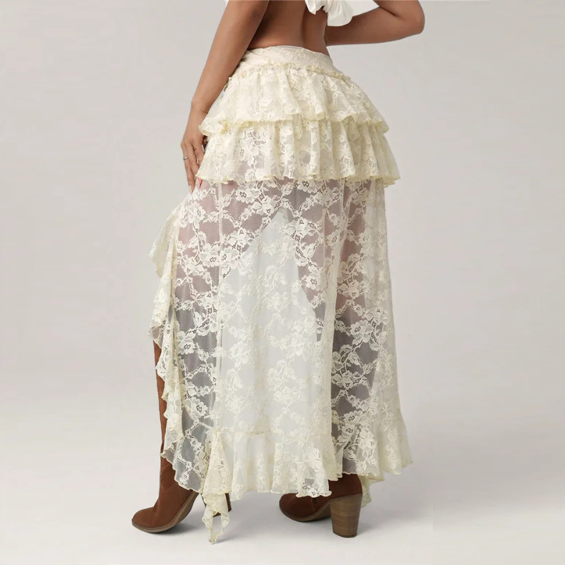 Women Layered Lace Long Skirts Solid Asymmetrical Ruffle Hem Flowy Skirts Boho Skirts