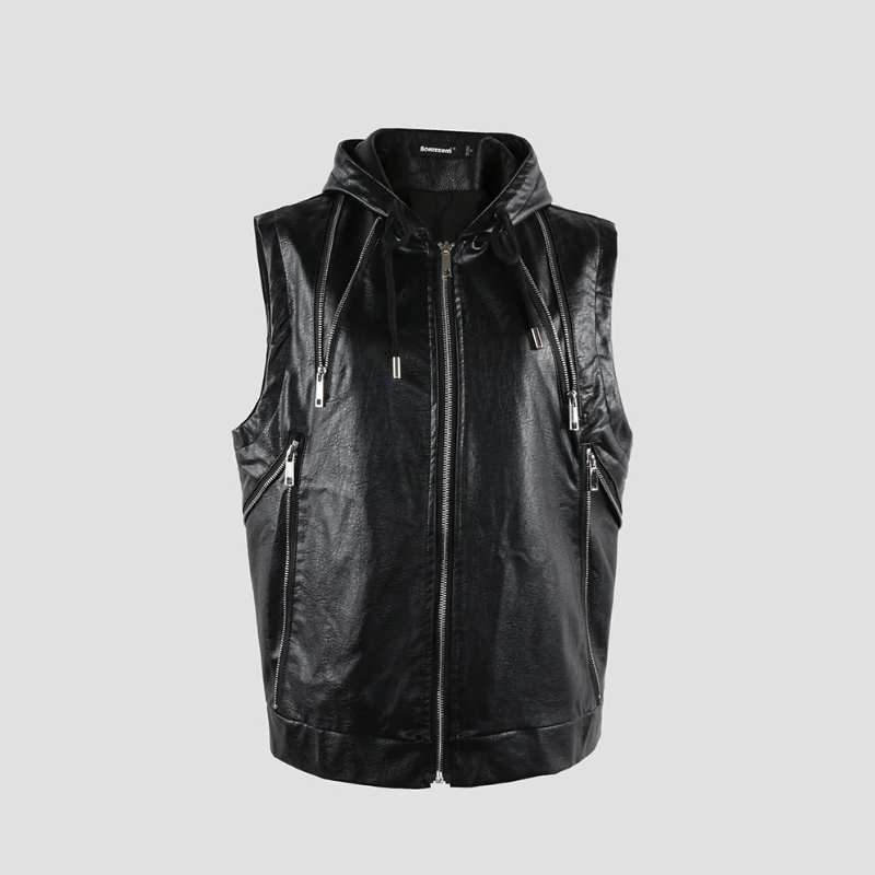 Spring Autumn Luxury Elegant Cool Leather Vest for Men with Hood Zipper Jacket