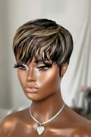 Highlight Wig Human Hair Short Pixie Cut Wigs with Bangs Layered Cut Wigs