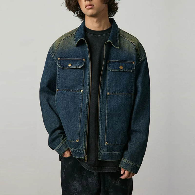 Men Washed Denim Jacket Rivet - Spring Fall Streetwear Essential