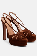 Brown high-heeled platform sandals on a white background, Obroi