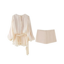 Women Elegant Puff Pleated Shirts Mini Dress Short Two Piece Skirt Set Loose Casual Women Tops