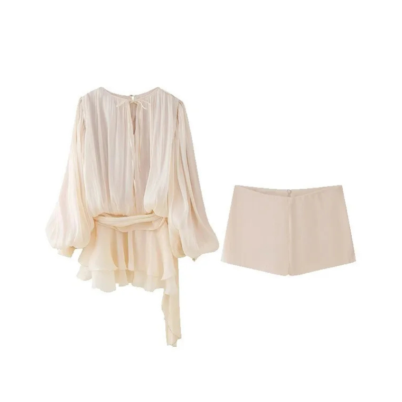 Women Elegant Puff Pleated Shirts Mini Dress Short Two Piece Skirt Set Loose Casual Women Tops