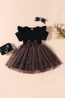 Kids Infant Baby Girls Casual Dress Short Sleeve Leopard Ruffled Bowknot Mesh Patchwork Dress