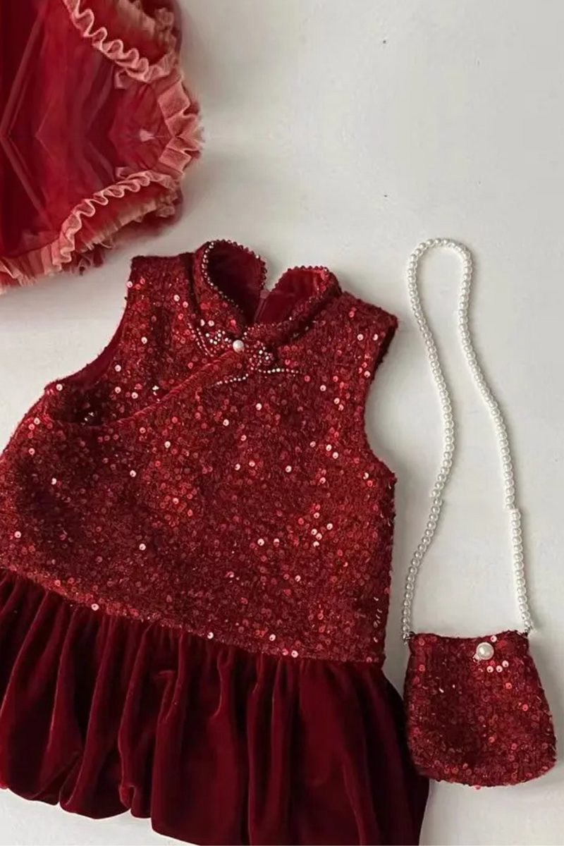 Girls Red Dress Autumn/Winter Children's Sparkling Velvet Dress Cheongsam Christmas Dress