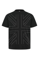 Black t-shirt with Union Jack design featuring studs on a white background, Obroi