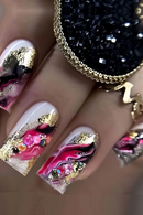 Nails with pink, gold, and black design on a blurred background, Obroi