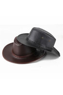 Two leather hats, one black and one brown, on a white background, Obroi