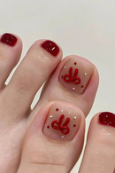 24pcs Red Bowknots Press On Toenails Five-pointed Star Diamond Decor False Toenail Spicy Girl Wearable