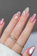 Cat's Eye Almond Full Cover Nails Tips with Pink Butterfly Design False Nails Art Wearable Press on Nails