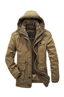 Brown hooded jacket with multiple pockets on a white background, Obroi