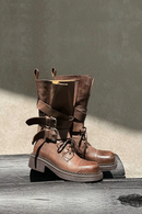 Winter Women Mid Calf Boots Autumn Western Shoes Square Toe Buckles Lady Motorcycle Boots