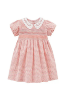Pink dress with white lace collar on a white background, Obroi