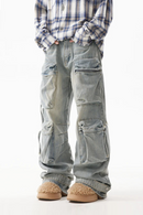 Men's Denim Pants Pleated Large Pocket Straight Jeans Loose Wide Leg Male Trousers