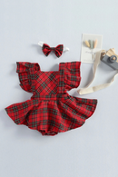 Xmas 0-24M Baby Girls Boys Rompers Headband Plaid Ruffles Short Sleeve Backless Jumpsuits