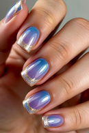 24Pcs Blue Gradient Golden Border French Nails Set Wearable Short Square Head Nails Press on Nails