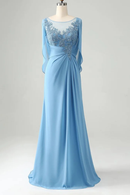 Blue evening gown with lace detailing on a mannequin against a light gray background, Obroi