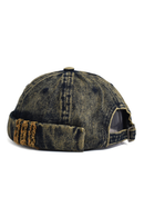 Vintage-style denim cap with brown stitching on a white background, Obroi