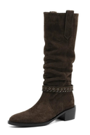 Leather Knee High Boots Women Mid Heels Western Boots Autumn Winter Botas