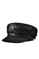 Black leather cap with a decorative emblem on a white background, Obroi