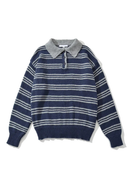 Navy and white striped sweater with a gray collar on a white background, Obroi