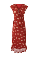 Summer Floral Red Dresses Short Sleeve V Neck Women Dress Elegant Holiday