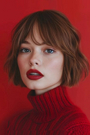 Woman with short brown hair and red lipstick wearing a red turtleneck against a red background, Obroi