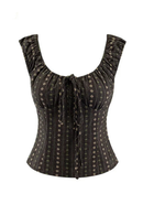 Summer Women Plaid Square Neck Crop Top Ruched Shoulder Drawstring Button Slim Summer Blouse