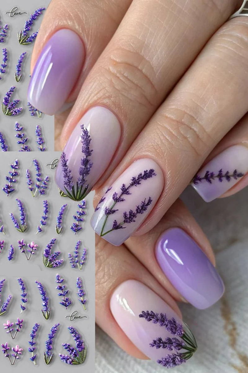 lavender flower nails 2 pcs Embossed Elegant Lavender Flowers Nail Florals Spring Summer Petals Nail Access