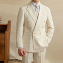 Men Linen Blended Casual Double-breasted Suit Retro Commuter Slim-fit One-suit