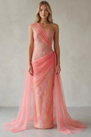 Elegant Pink One Shoulder Evening Gown Dresses Appliques Straight Tulle Draped Floor-Length