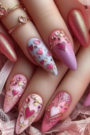 24PCS Sweet Press on Nails Golden Love Totem Gold Rimmed Flower Almond Glossy Nails