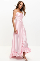 Pink Satin Square Neck Spaghetti Strap Ruffle Hem Floor Length Evening Gown Elegant
