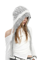 Person wearing a white off-shoulder top with a fur-lined hood on a white background, Obroi