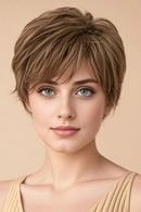 Woman with styled short hair against a beige background, Obroi