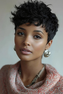 Woman with short, curly black hair wearing earrings and a patterned scarf, Obroi