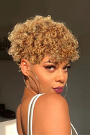Woman with blonde curly hair wearing a white top against a neutral background, Obroi