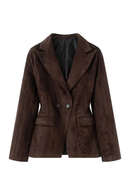 Retro Women Suede Blazer Notched Lapel Double Breasted Fitted Waist Seam Detail Suit Jacket