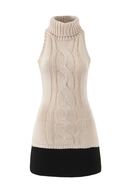 Women Sleeveless High Neck Patchwork Knit Dress Autumn Mini Robe